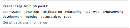 Screenshot of a list of tags with a link to del.icio.us