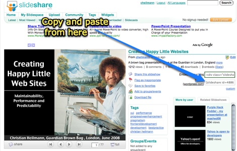 Simply copy and paste the wordpress code provided by slideshare into any blog post running this plugin to have a fancy display