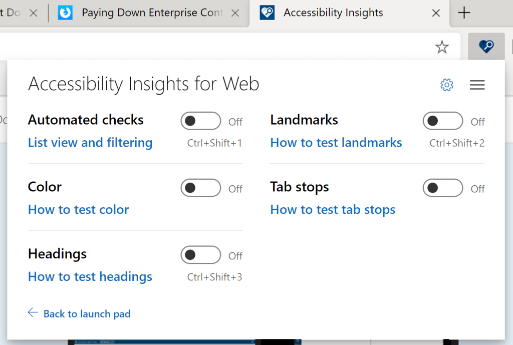 Ad Hoc Tool options of accessibility insights