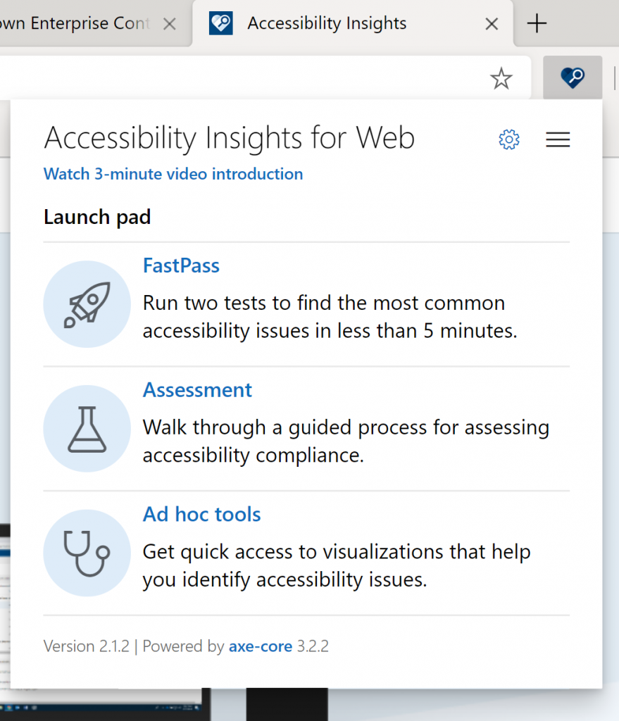 accessibility insights extension options after install