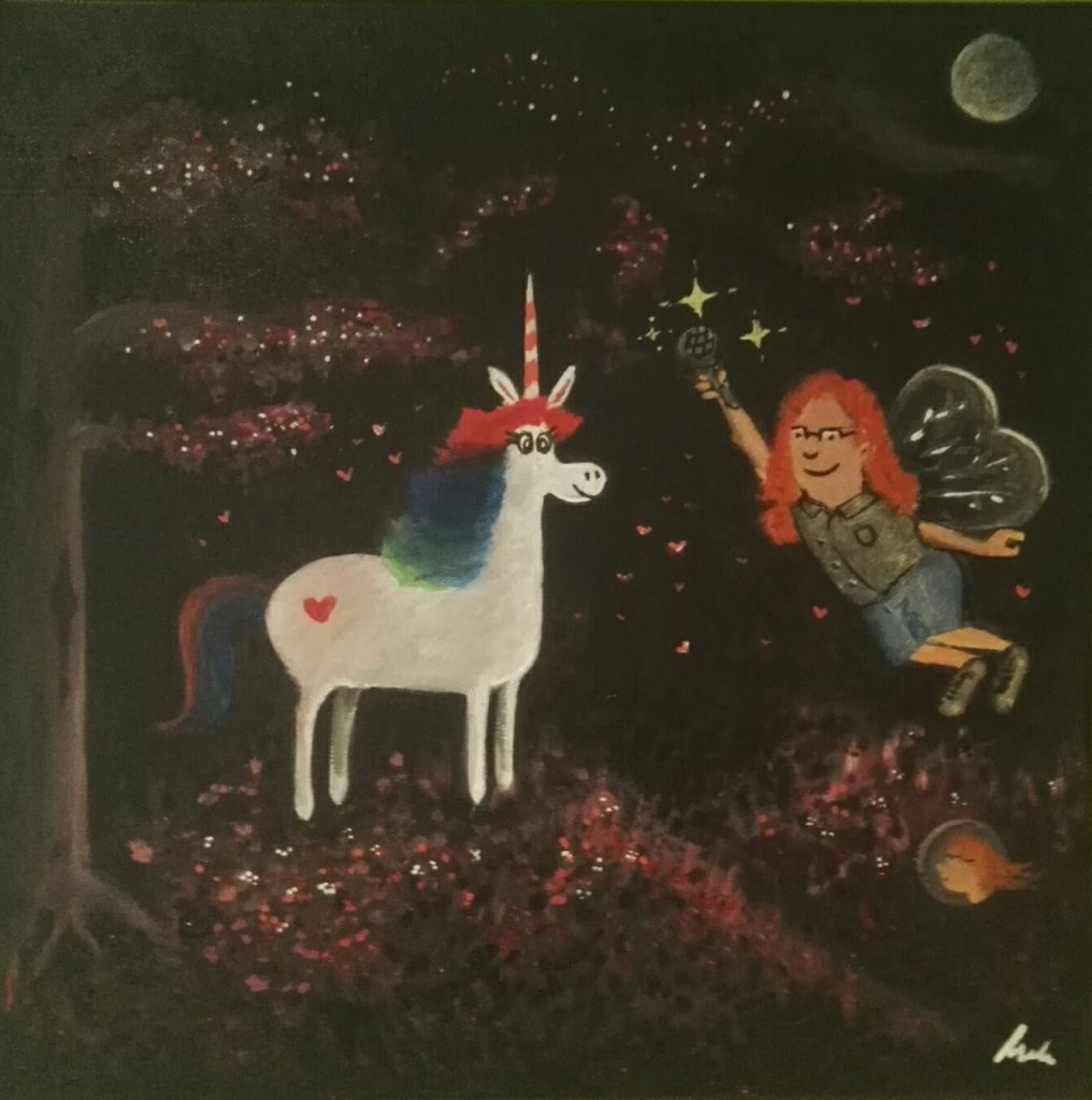 Painting of me handing a microphone to a unicorn by Anke Mehlert