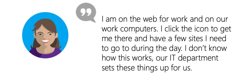 User Quote: I am on the web for work and on our work computers. I click the icon to get me there and have a few sites I need to go to during the day. I don’t know how this works, our IT department sets these things up for us.