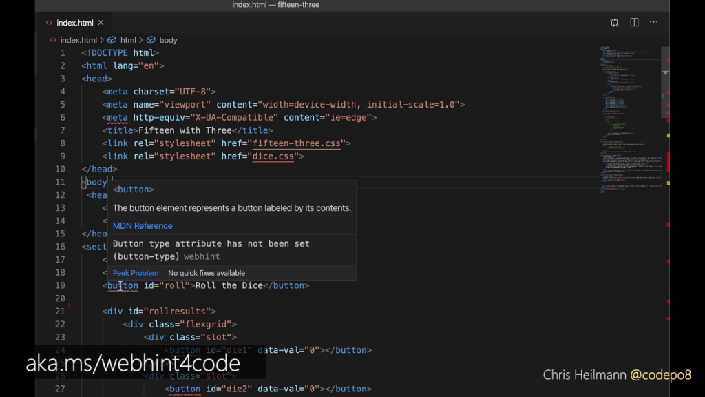 VSCode screenshot showing that webhint tells you that buttons need a type attribute of button to work