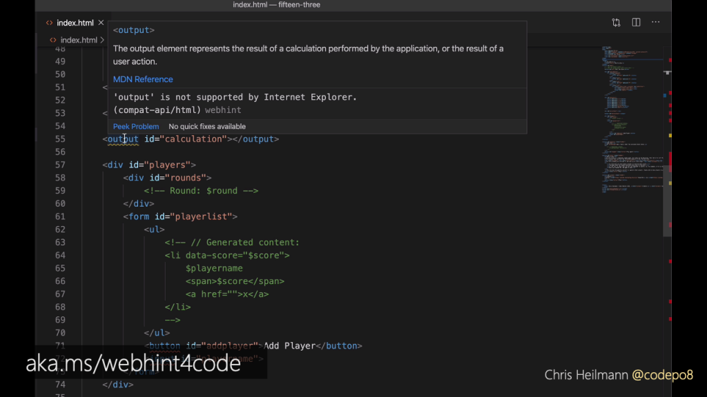 VSCode screenshot showing that webhint tells you that the output element is not supported by IE6