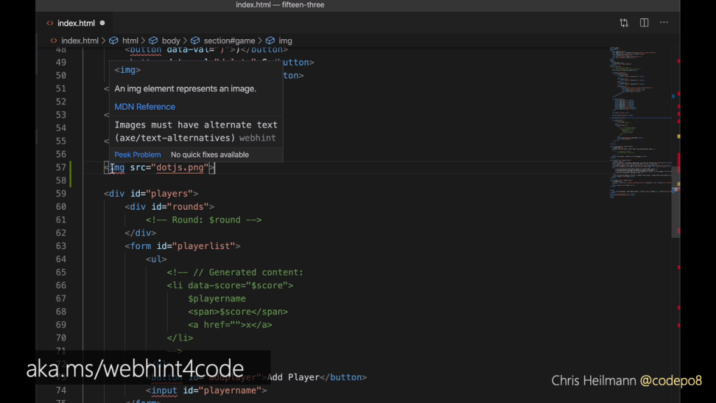 Webhint flagging up that an image without an alternative text is an error whilst you code the HTML in Visual Studio Code