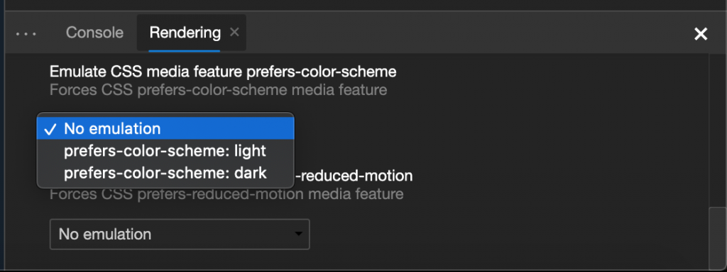 Colour scheme emulation menu in Microsoft Edge devtools
