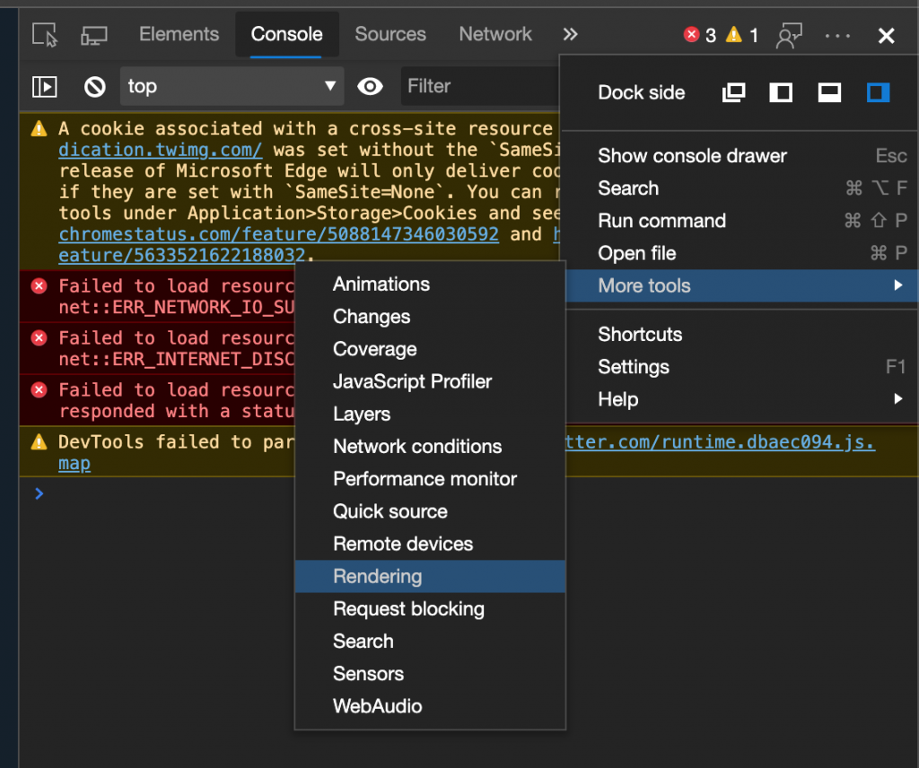 Finding the rendering menu in Microsoft Edge devtools