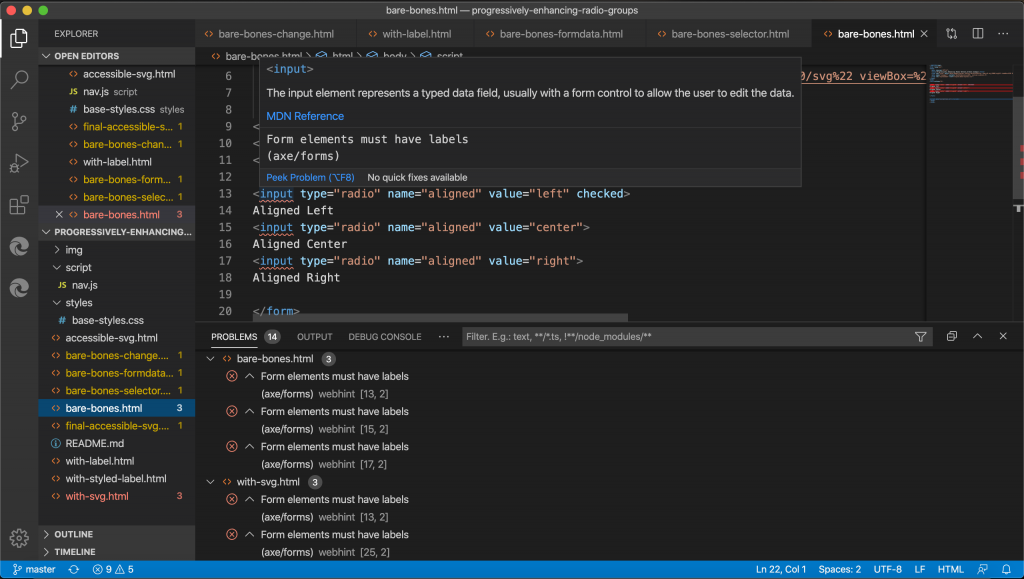 Webhint extension for Visual Studio Code showing in-line accessibility errors.
