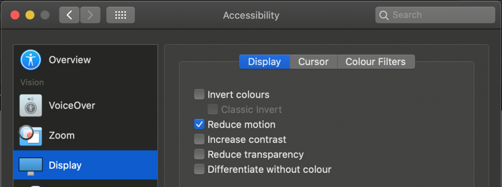 Motion turned off in MacOS