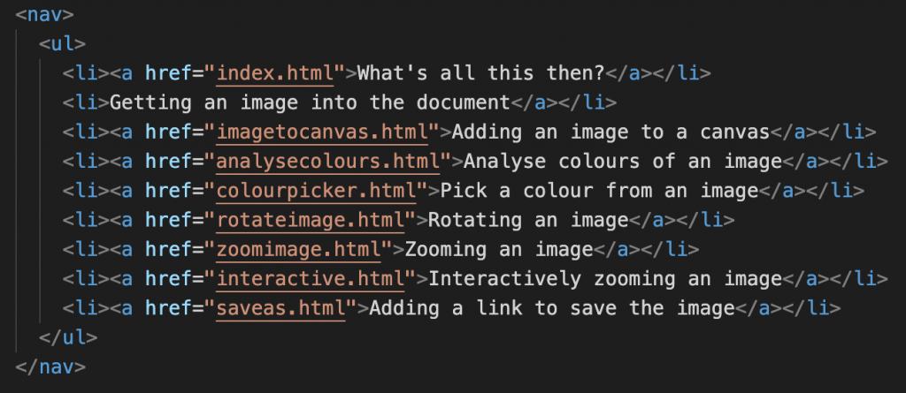 an example of a site navigation in HTML with a different entry changed than the last example