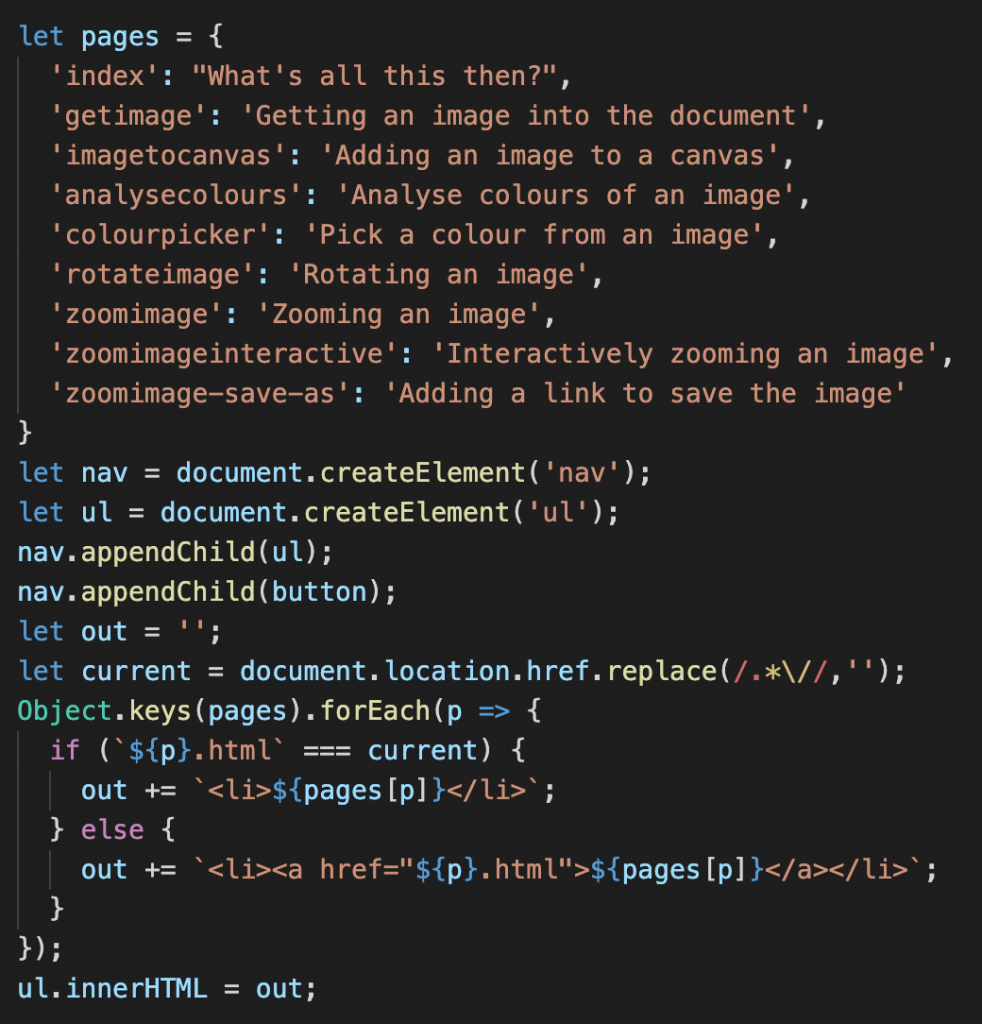 JavaScript generating an HTML menu automatically removing the link of the current document