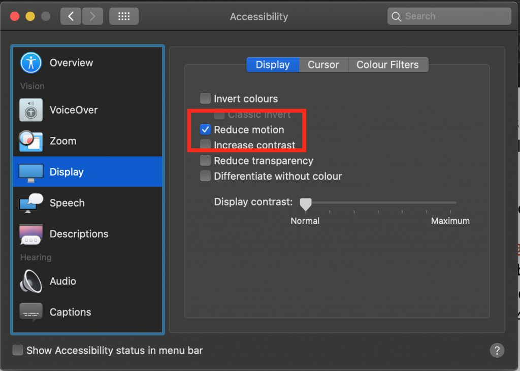 MacOS Settings with reduced motion enabled