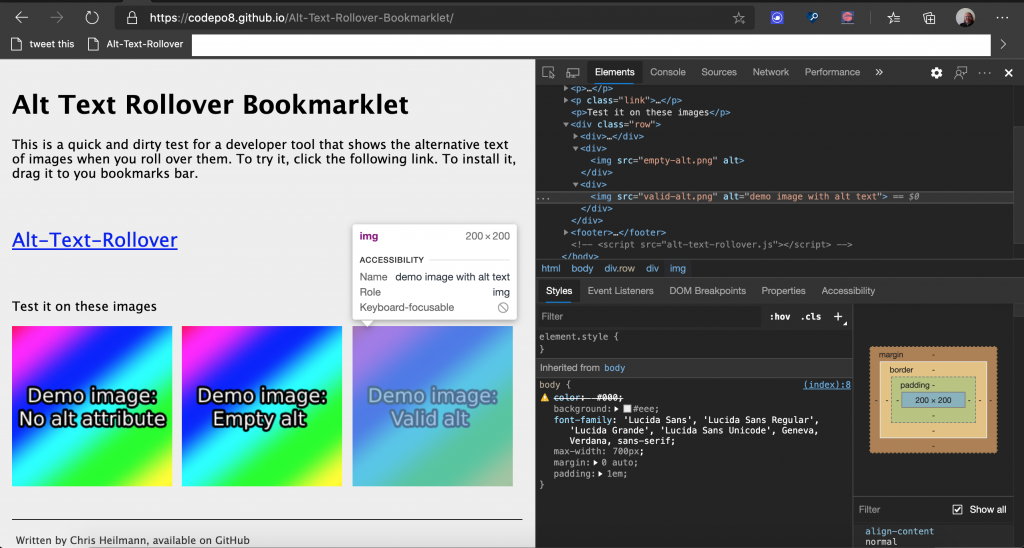 HTML overlay in Devtools showing accessibility info including alternative text