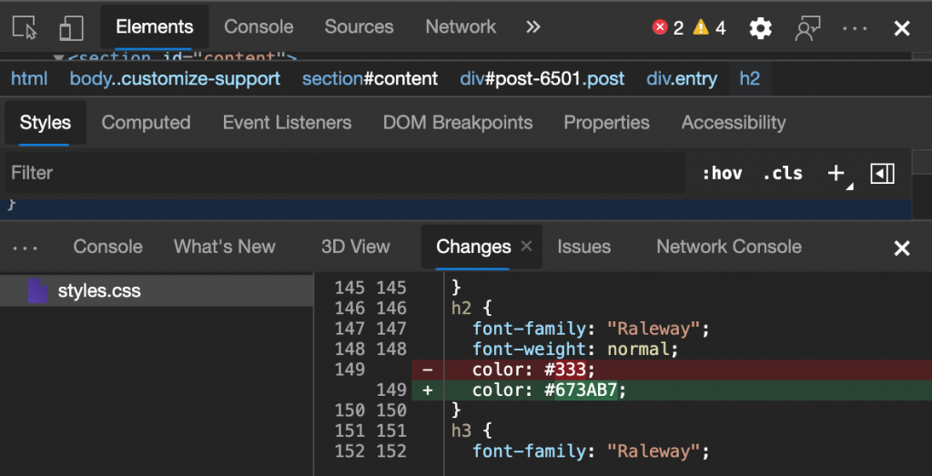 The changes pane showing what happened to the CSS file when you used the developer tools