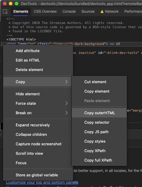 Selecting copy outer HTML in developer tools