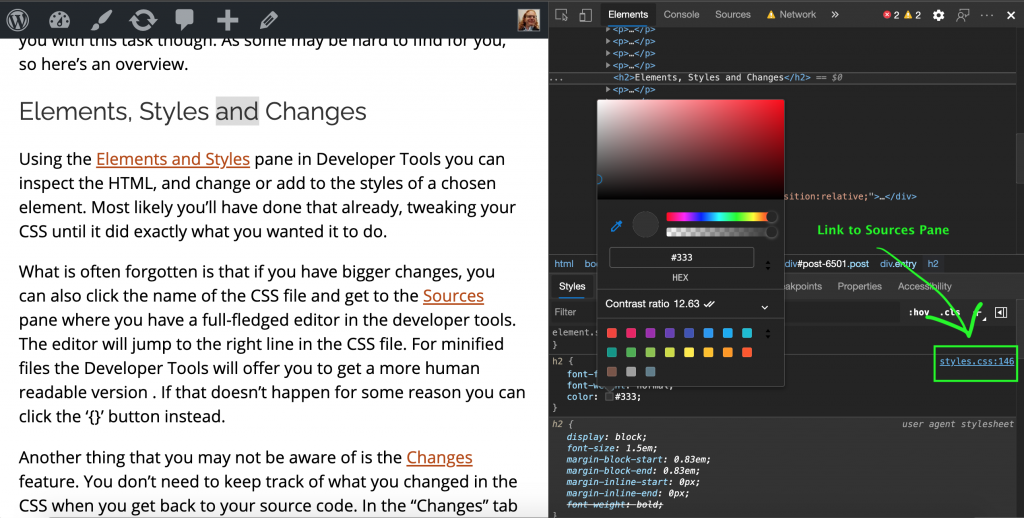 Link to opening the CSS in the Sources pane