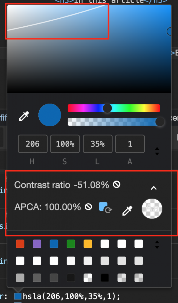 The colour picker with the new contrast options showing only one line in the colour field