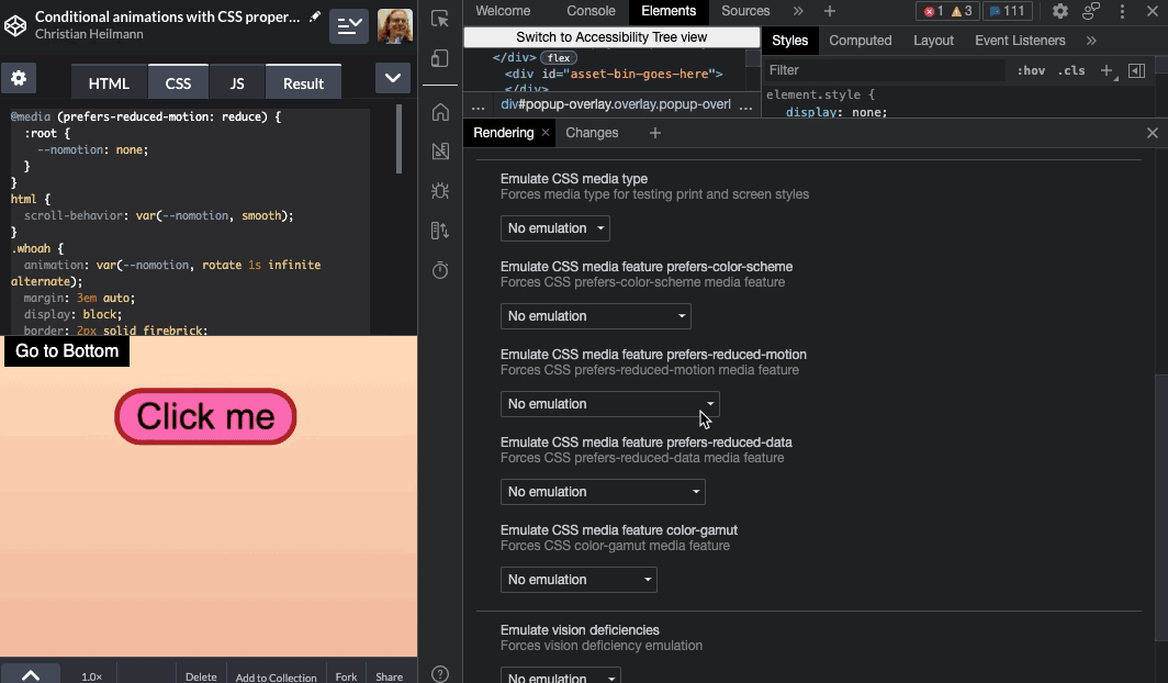 Demo animation showing how to use Developer tools to simulate reduced motion