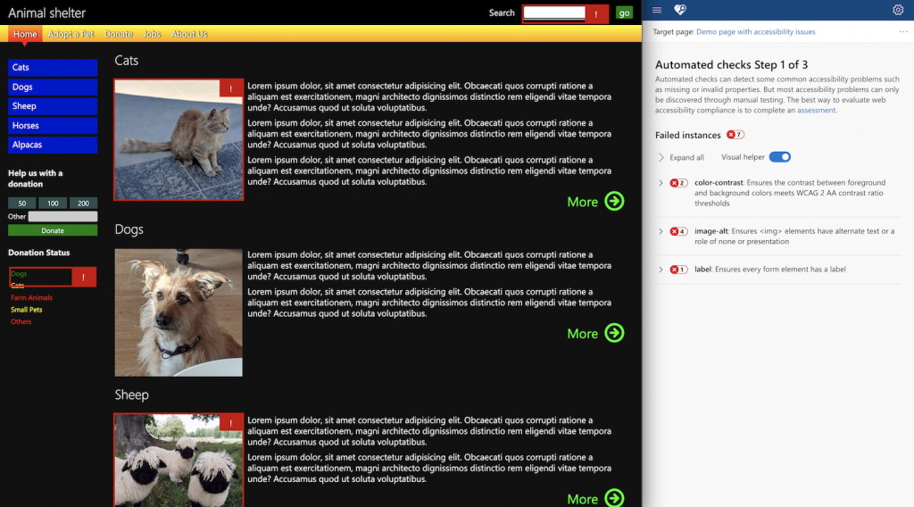 Accessibility insights report next to page with flagged up problems highlighted in the document