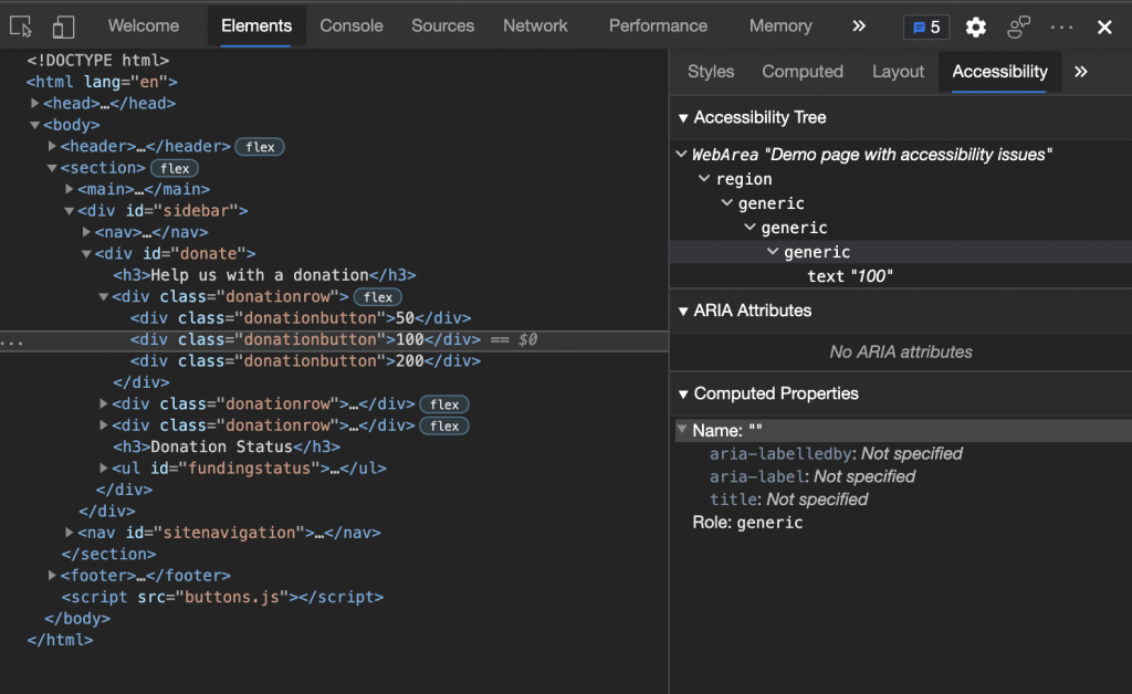 HTML page source shown in the developer tools with the accessibility tree showing up that the role of a DIV is generic and that it has no name, regardless of its text content