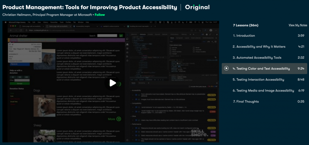 Screenshot of the Skillshare course on accessibility testing