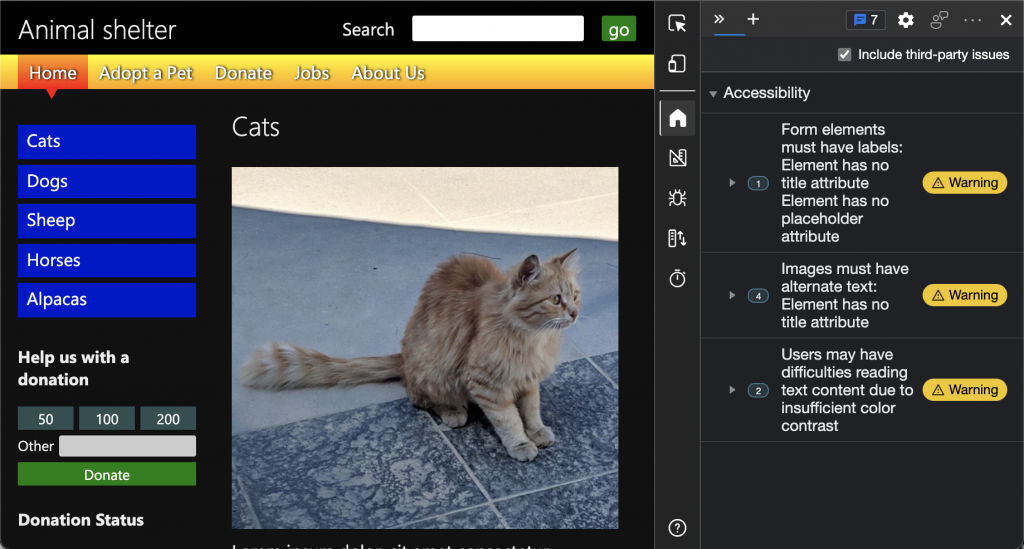 Issues panel of developer tools detecting 2 contrast issues in dark mode