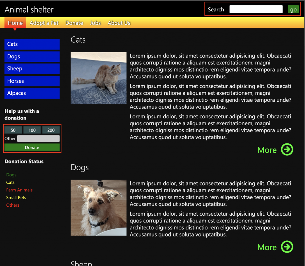 Forms in the demo page highlighted