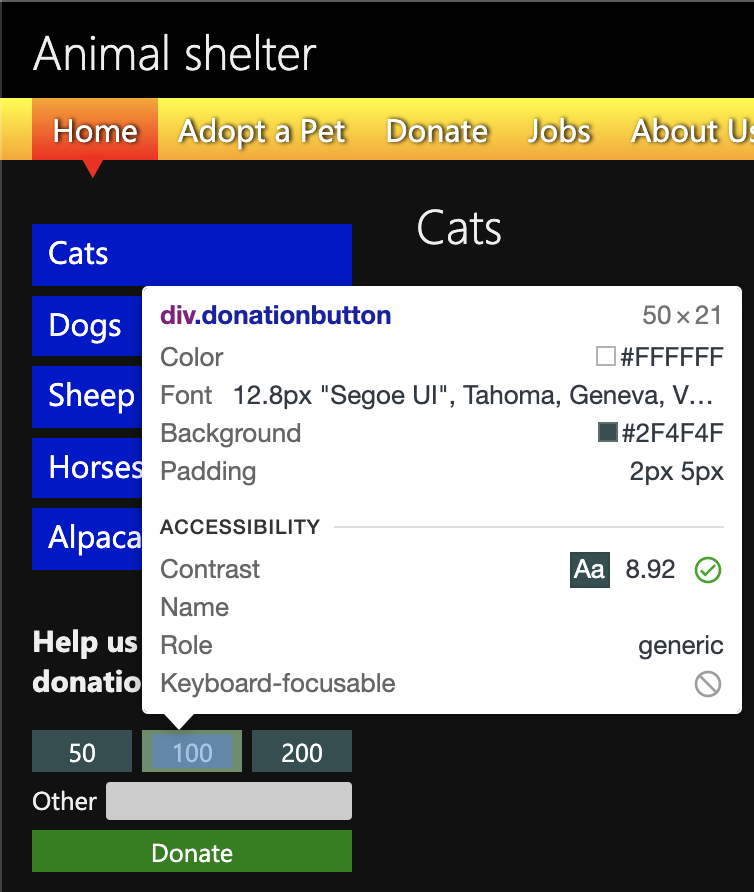 Inspect tool overlay showing the information of the broken button