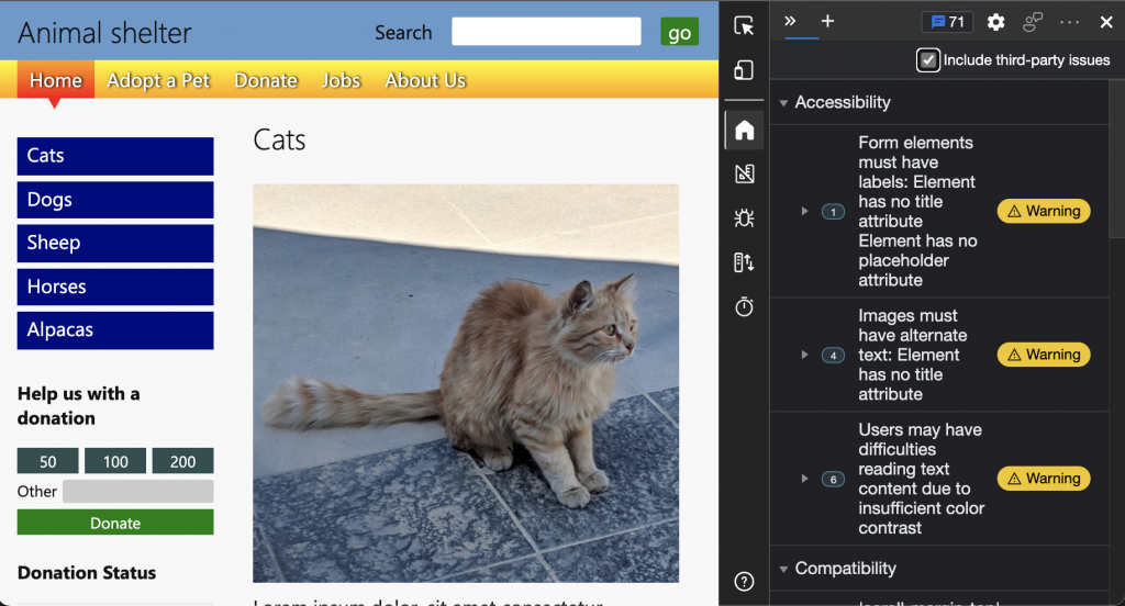 Issues panel of developer tools detecting more contrast issues in light mode