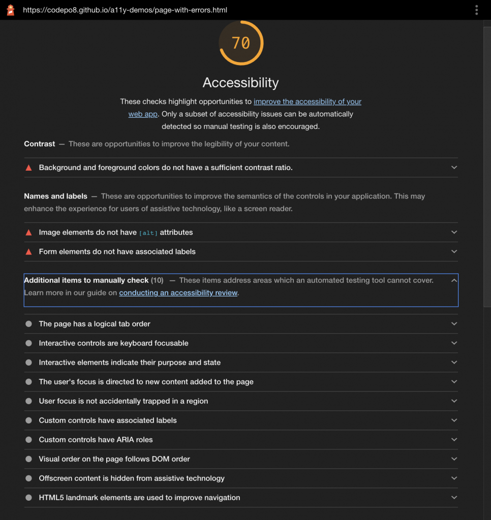 Lighthouse asking you in a very timid way to also do some manual testing