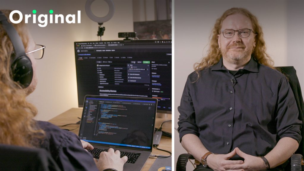 Me, sitting at my computer with a setup that really works for me