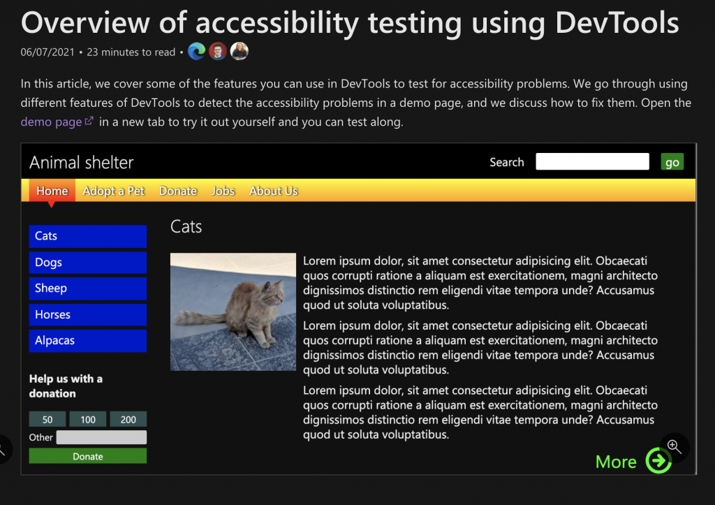 The overview article introducing accessibility testing and fixing with Edge DevTools