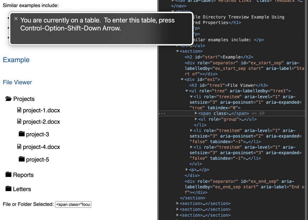 W3C treeview demo announced as table in voiceover