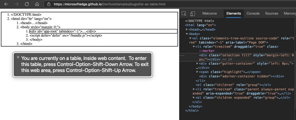 Bare bones example of the HTML of Developer Tools with Voiceover announcing it wrong
