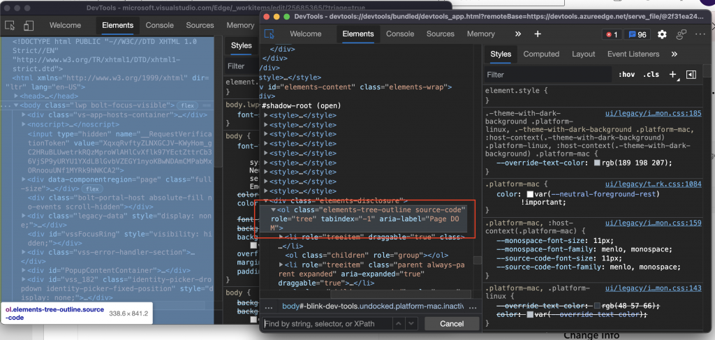 Developer tools open on Developer Tools showing the right markup for an accessible tree