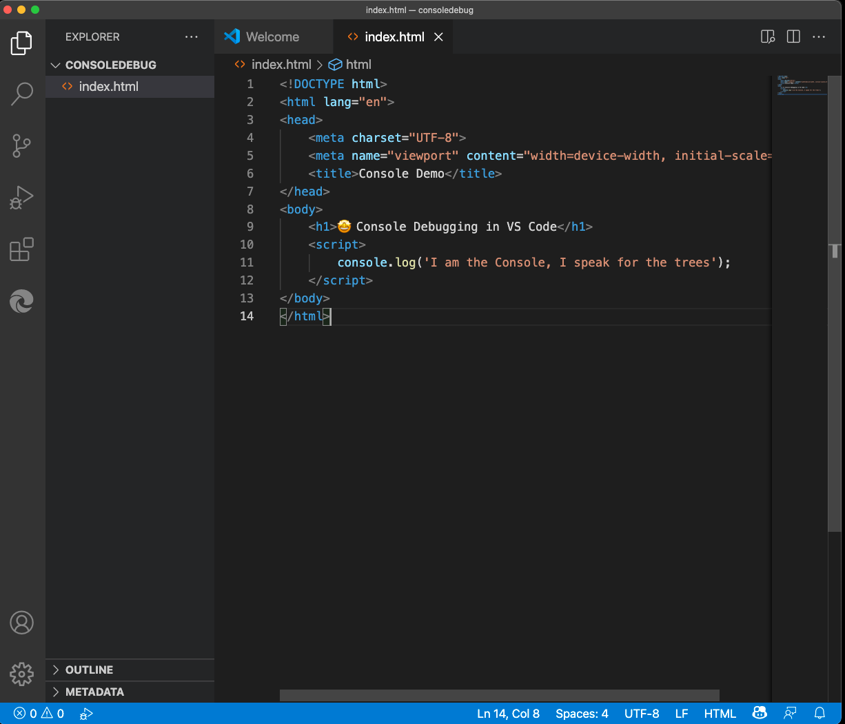 HTML Example for console debugging