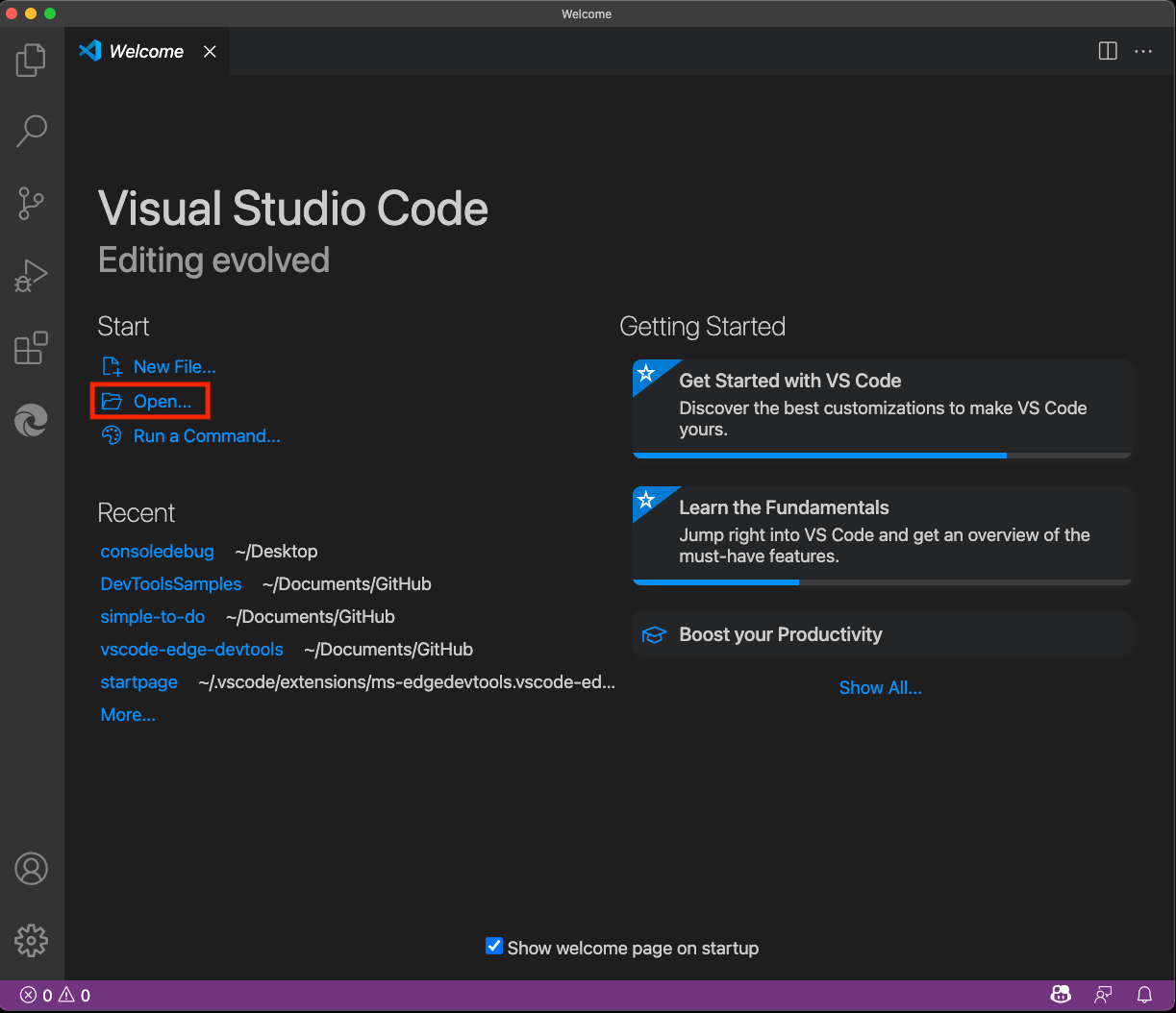 New instance of Visual Studio Code with "Open Folder" selected