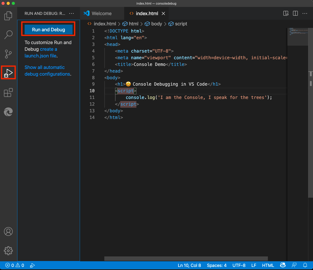 Selecting the Run and Debug workflow