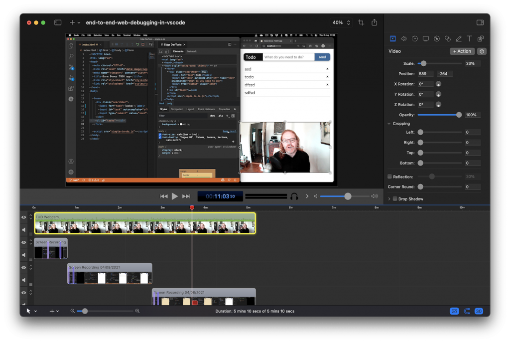 The default size and setting of the camera recording in Screenflow