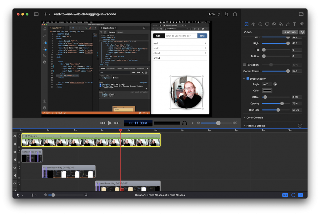 Scaled rounded video, placed bottom right with a drop shadow