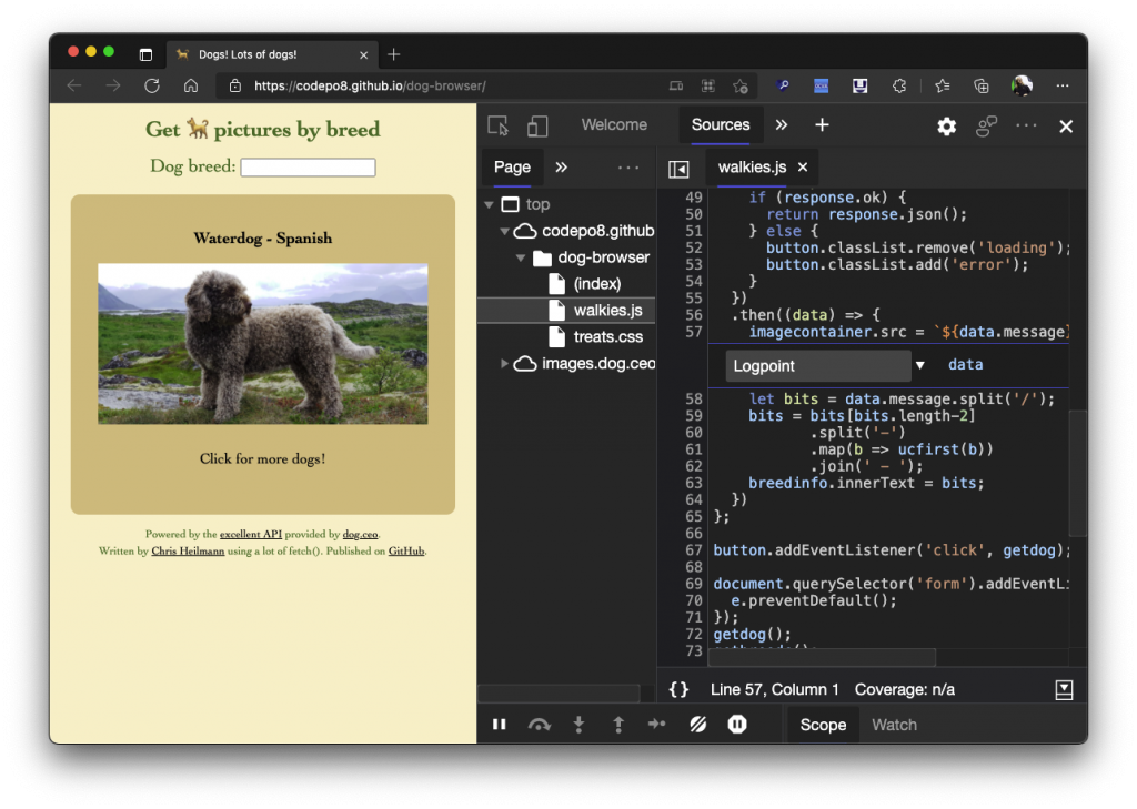 The demo page with developer tools and the logpoint editor open.