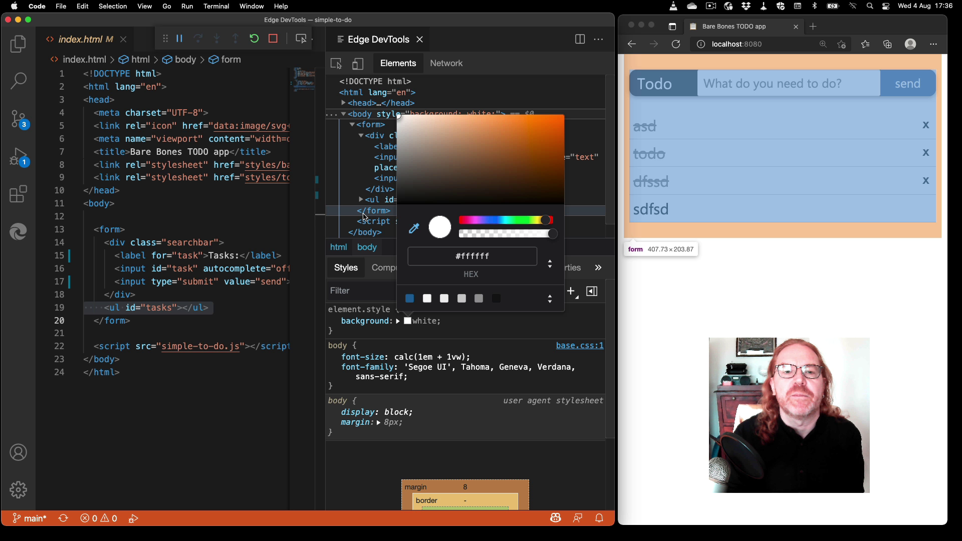 Still of the video showing me debugging a web site in VS Code.