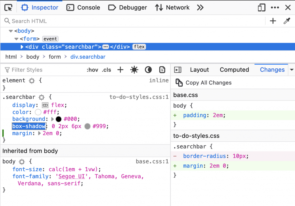 Firefox changes bar next to the styles editor