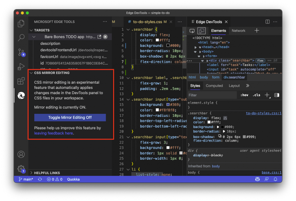 The interface to turn CSS mirror editing on and off