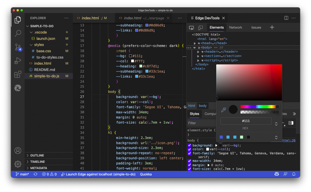 Edge DevTools open in Visual Studio Code