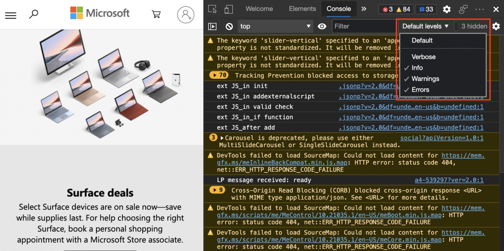 filtering options in the console tool
