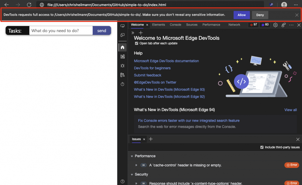 DevTools with toolbar asking for access to the folder
