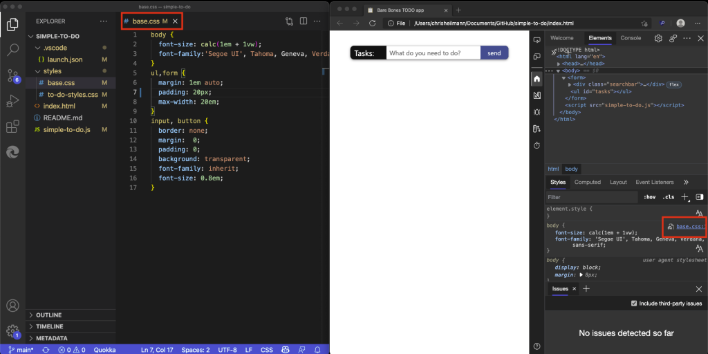 CSS file openet in VS code