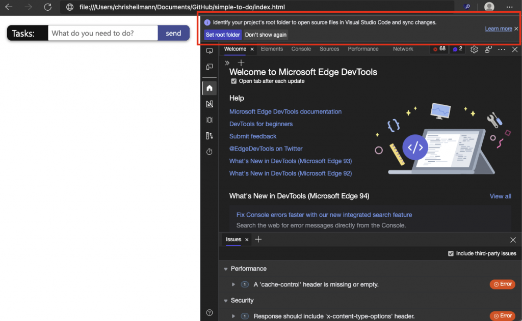 DevTools asking you to identify the root folder