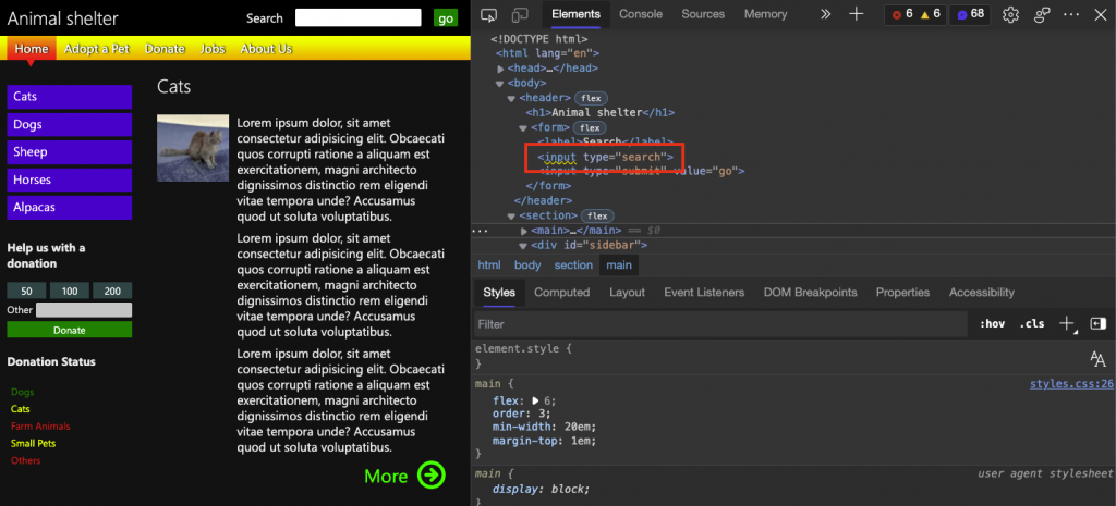 HTML in the Elements Tool showing a wavy underline